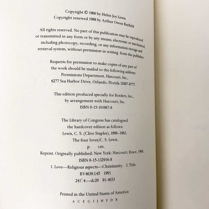 The Four Loves by C.S. Lewis [RARE HARDCOVER RE-ISSUE] • 1991 • Harcourt