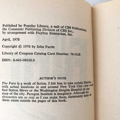 The Fury by John Farris [1978 MOVIE TIE-IN PAPERBACK]