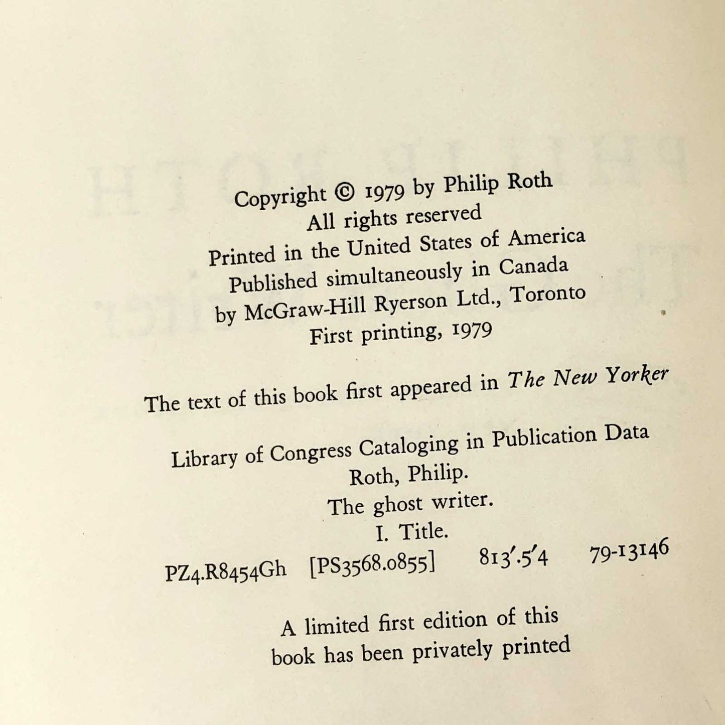The Ghost Writer by Philip Roth [FIRST EDITION • FIRST PRINTING] 1979