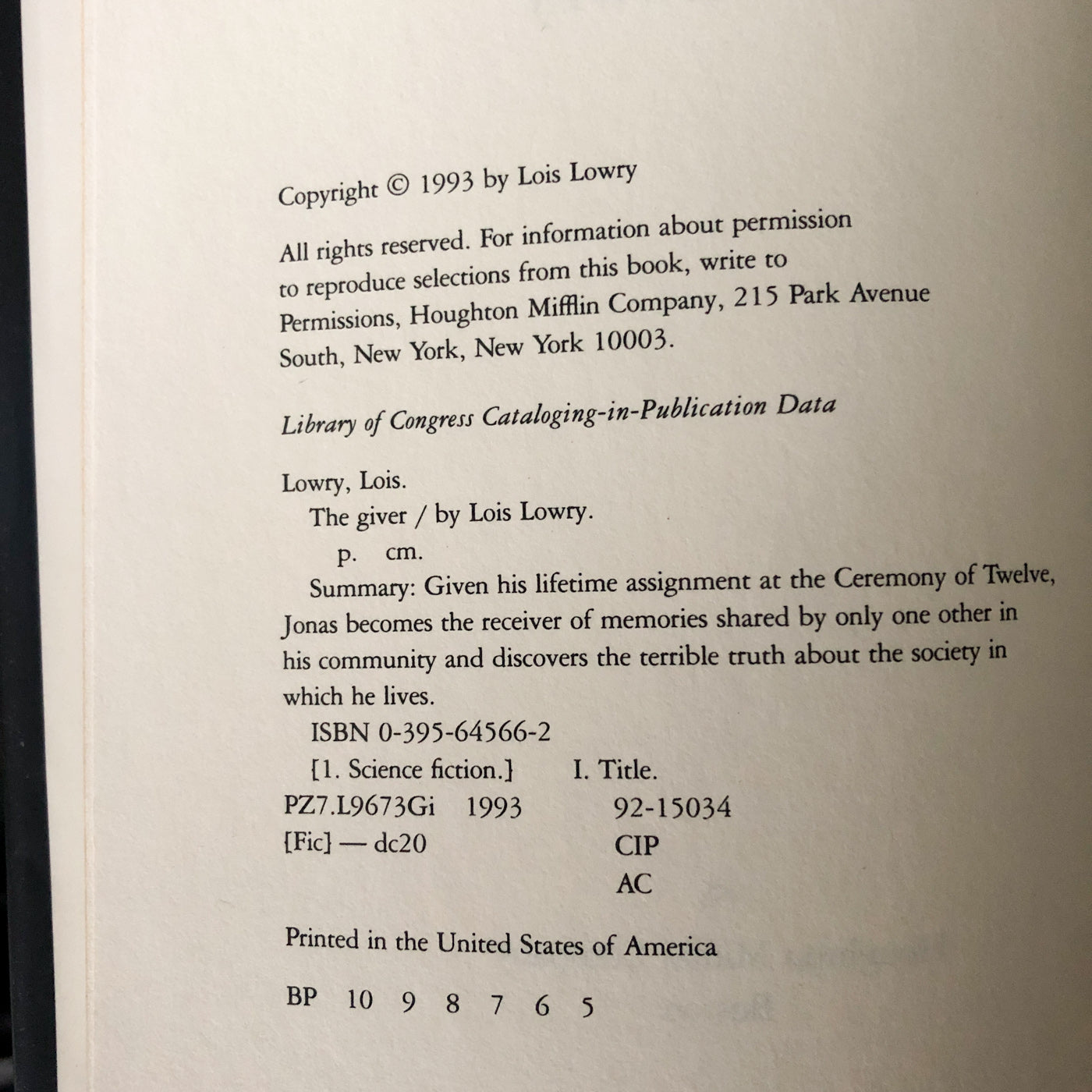 The Giver by Lois Lowry [FIRST EDITION / 1993]