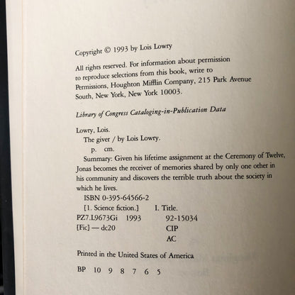 The Giver by Lois Lowry [FIRST EDITION / 1993]