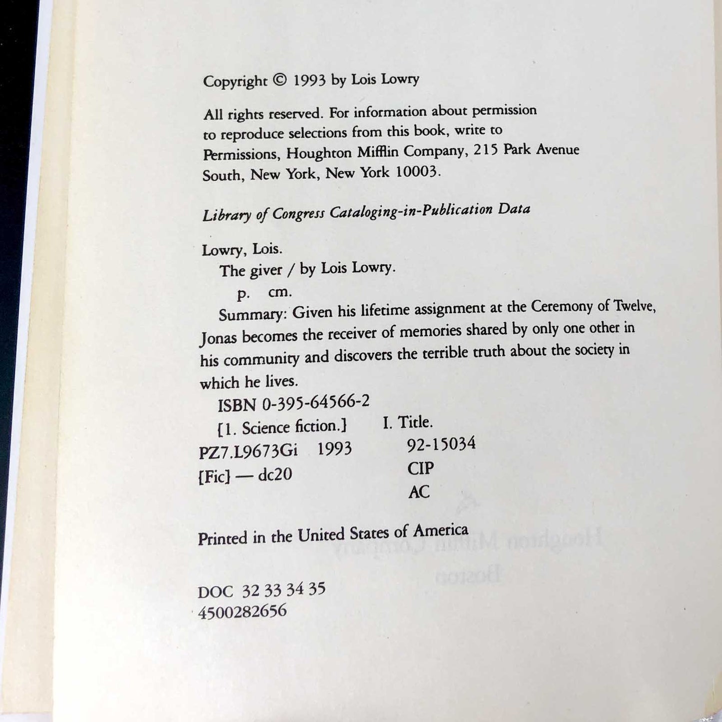 The Giver by Lois Lowry [FIRST EDITION] 1993