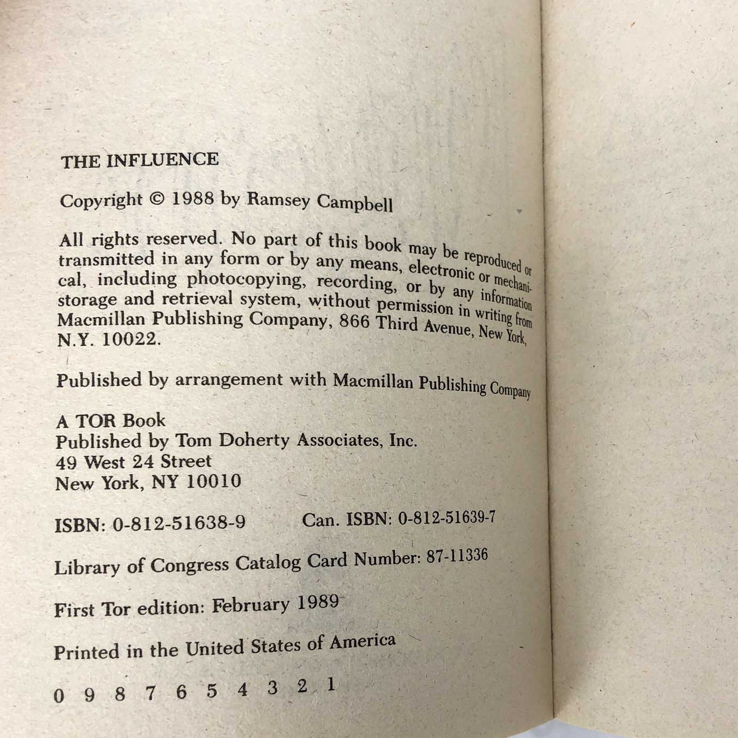 The Influence by Ramsey Campbell [FIRST PAPERBACK PRINTING] 1989 • TOR Horror