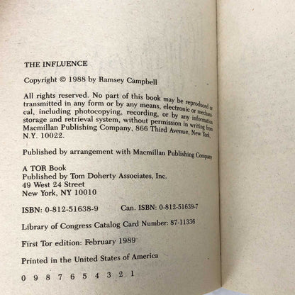 The Influence by Ramsey Campbell [FIRST PAPERBACK PRINTING] 1989 • TOR Horror
