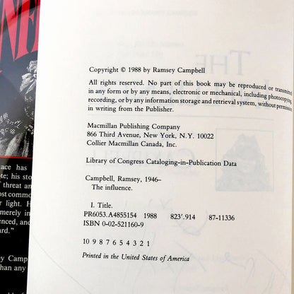 The Influence by Ramsey Campbell SIGNED! [FIRST EDITION • FIRST PRINTING] 1988