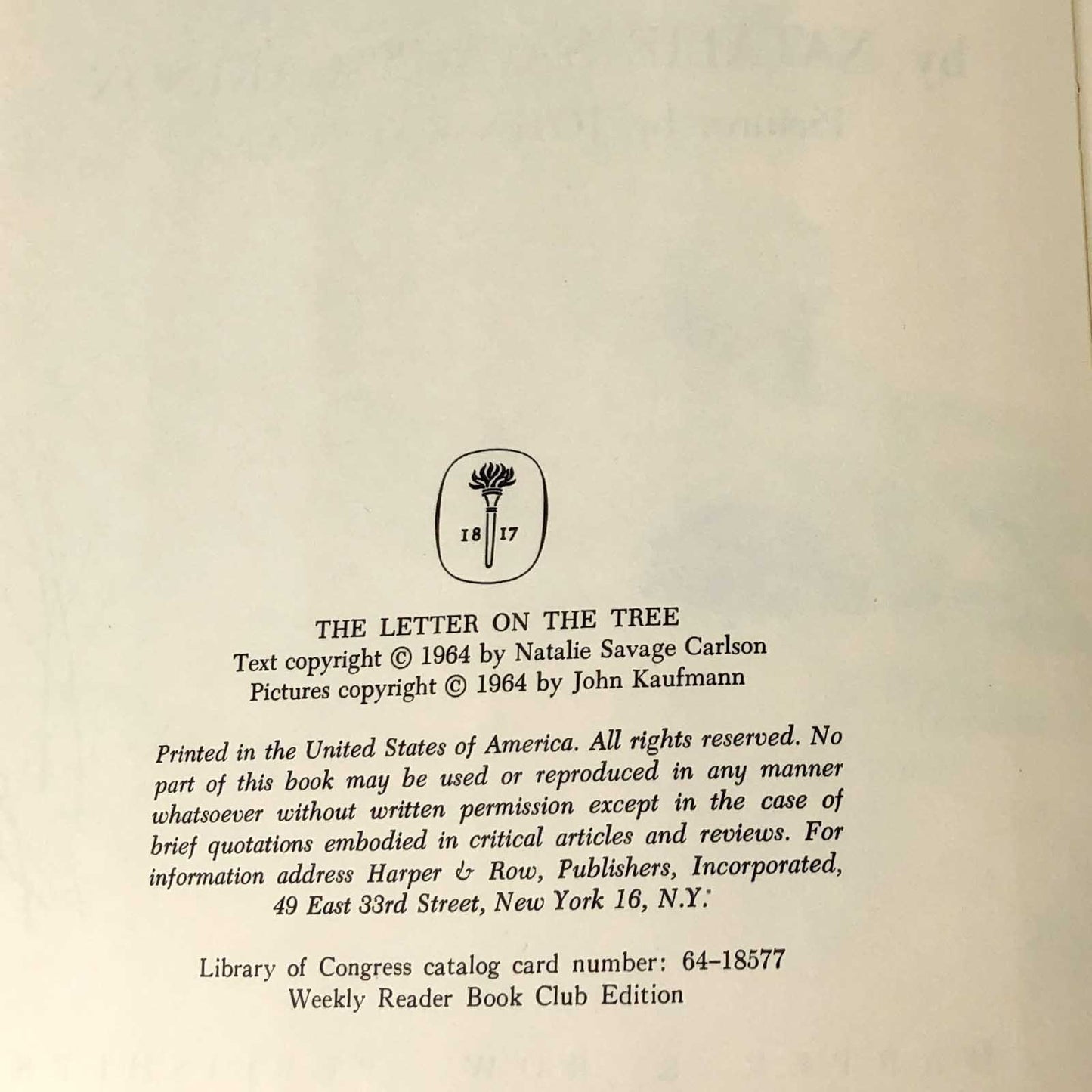 The Letter on the Tree by Natalie Savage Carlson & John Kaufmann [1964 HARDCOVER]
