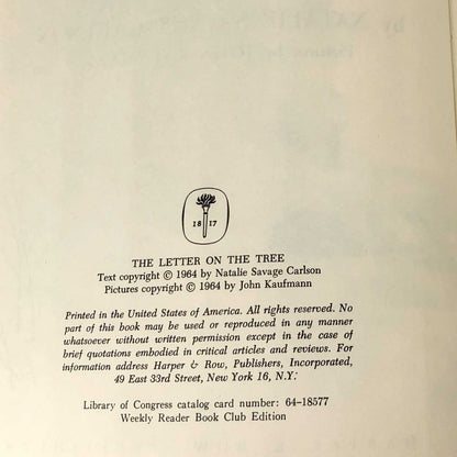The Letter on the Tree by Natalie Savage Carlson & John Kaufmann [1964 HARDCOVER]