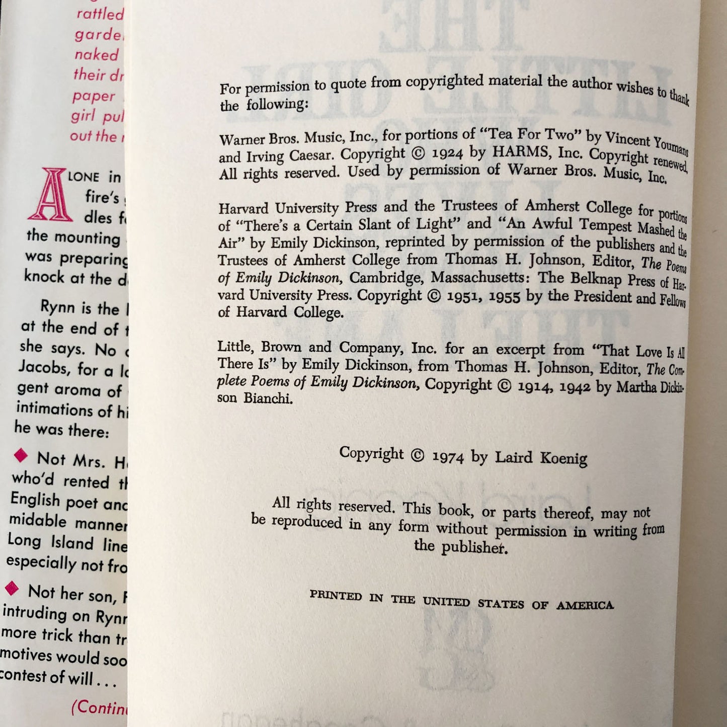 The Little Girl Who Lives Down the Lane by Laird Koenig [FIRST BOOK CLUB EDITION / 1974]