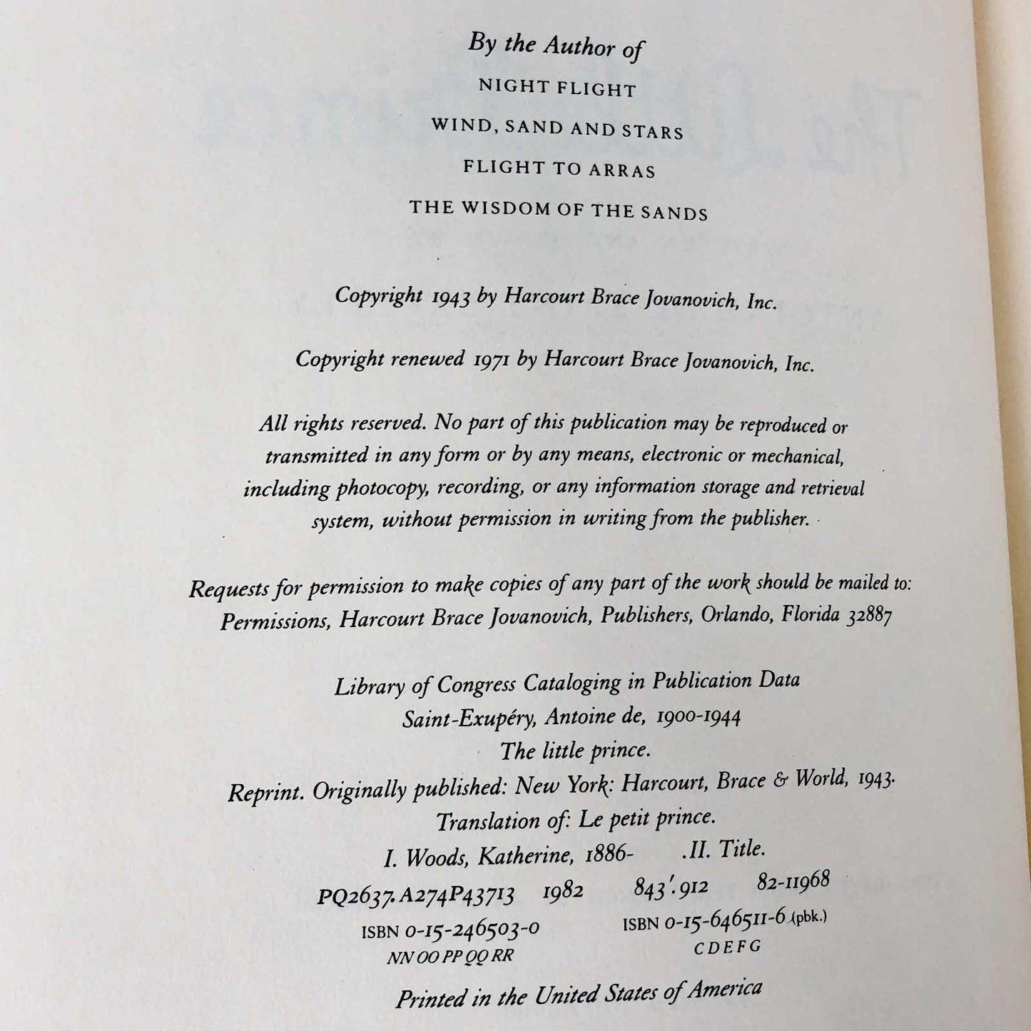 The Little Prince by Antoine de Saint-Exupéry [HARCOVER RE-PRINT] 1982 • Harcourt