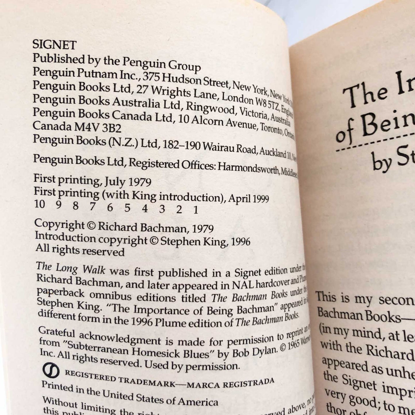 The Long Walk by Stephen King [FIRST SIGNET PRINTING / 1999]