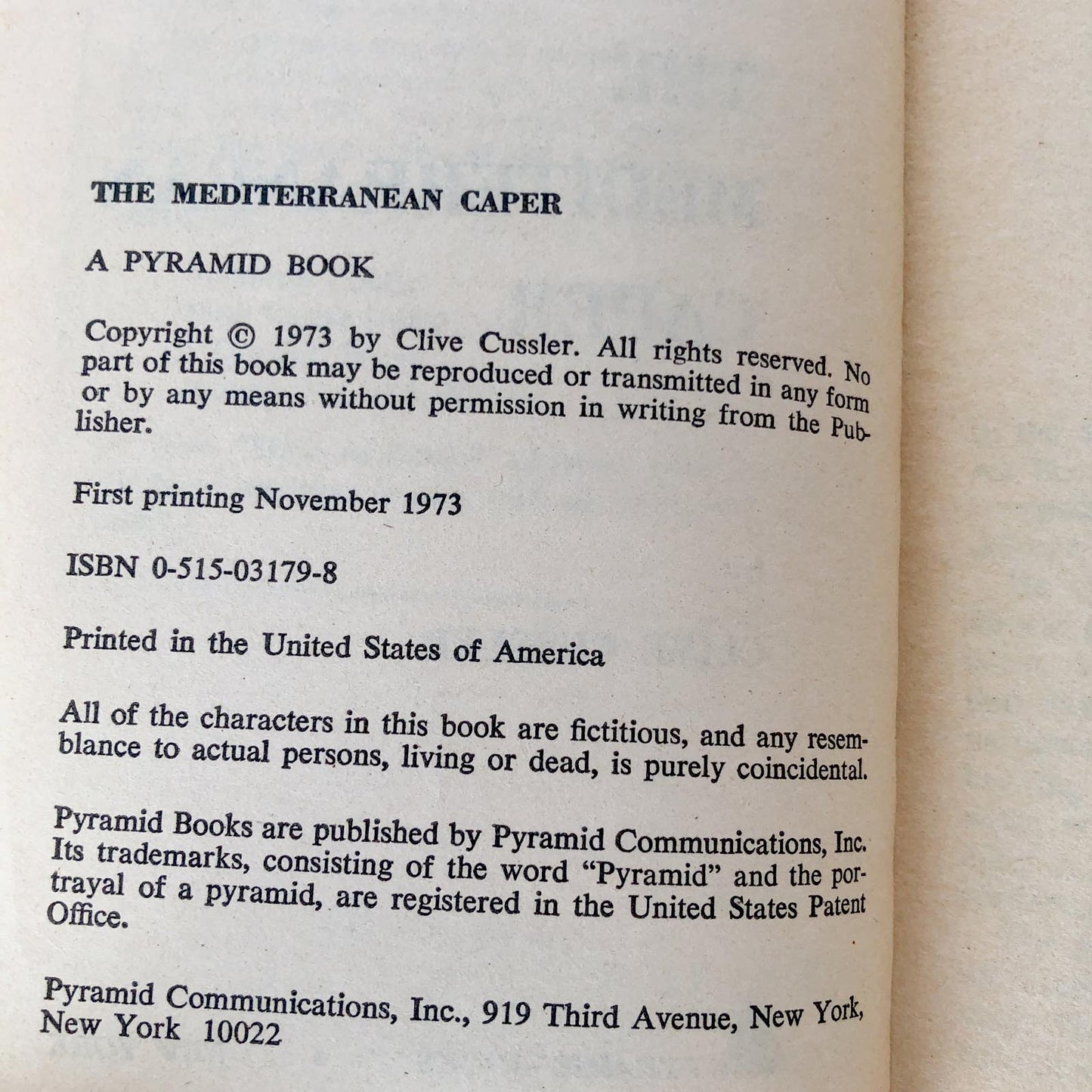 The Mediterranean Caper by Clive Cussler [FIRST EDITION / FIRST PRINTING] 1973 / Pyramid Books