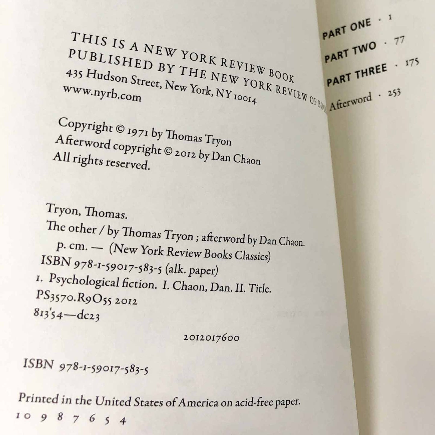 The Other by Thomas Tryon [TRADE PAPERBACK] 2012 • NYRB