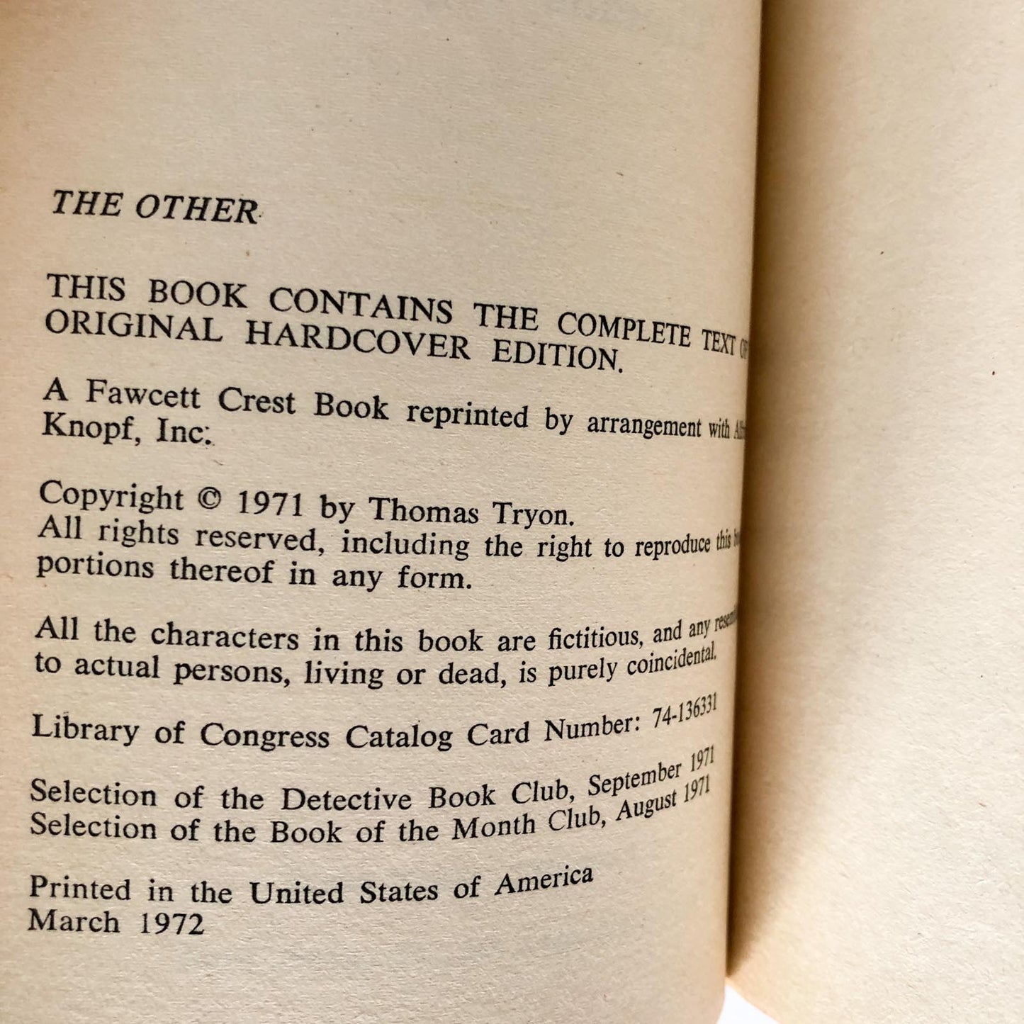 The Other by Thomas Tryon [FIRST PAPERBACK PRINTING / 1972]