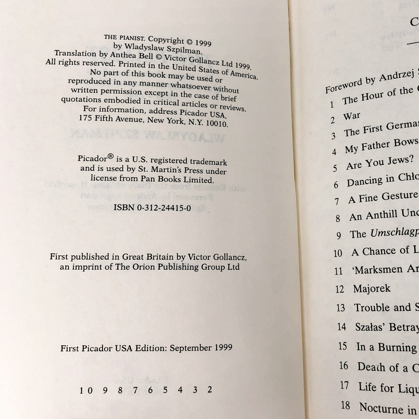 The Pianist by Władysław Szpilman [U.S. FIRST EDITION] 1999 • Picador