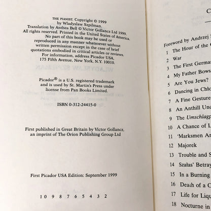The Pianist by Władysław Szpilman [U.S. FIRST EDITION] 1999 • Picador