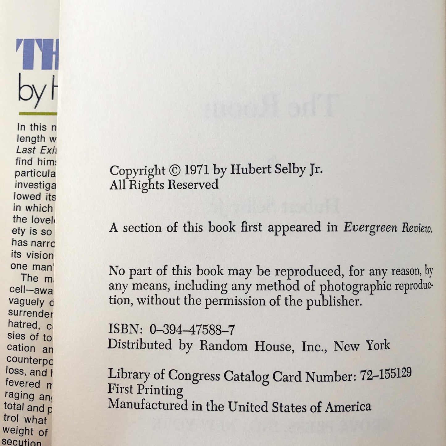 The Room by Hubert Selby Jr. [FIRST EDITION / FIRST PRINTING] 1971