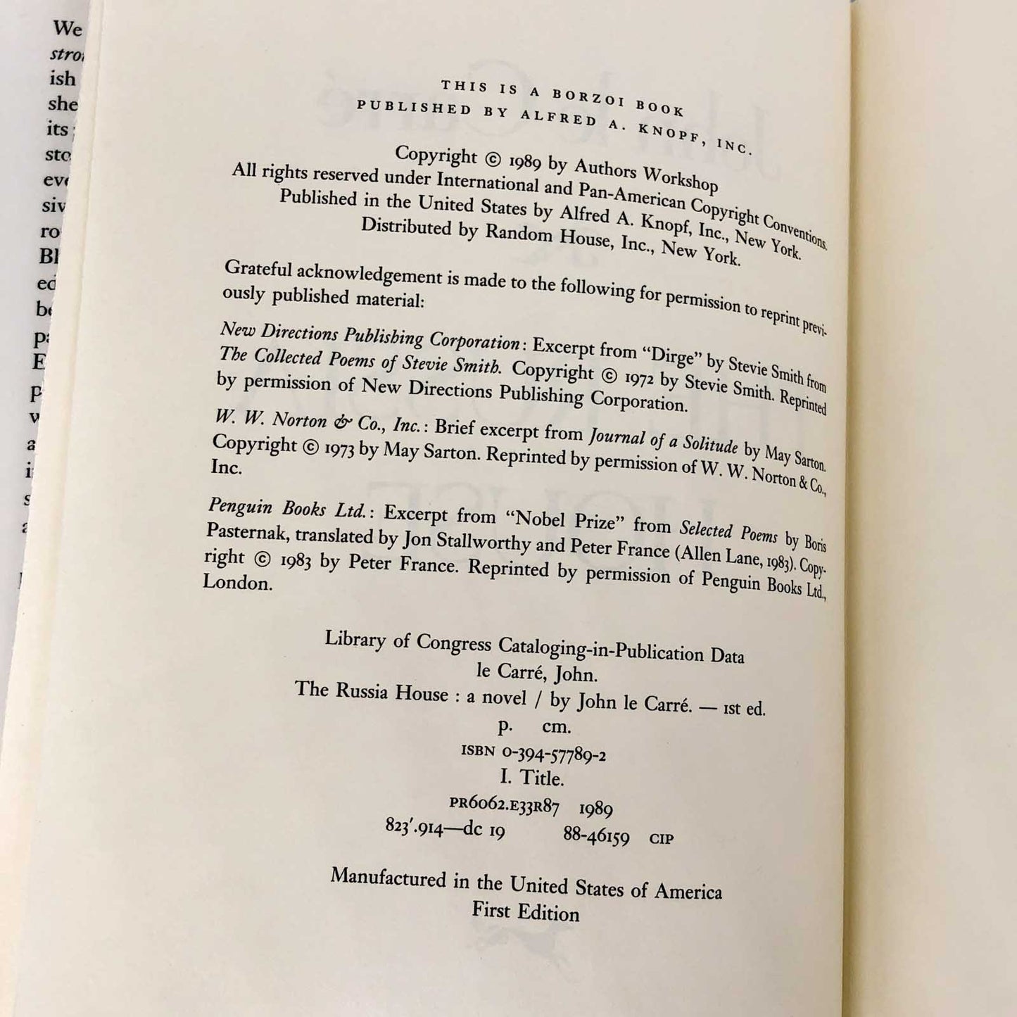 The Russia House by John Le Carré [FIRST EDITION • FIRST PRINTING] 1989