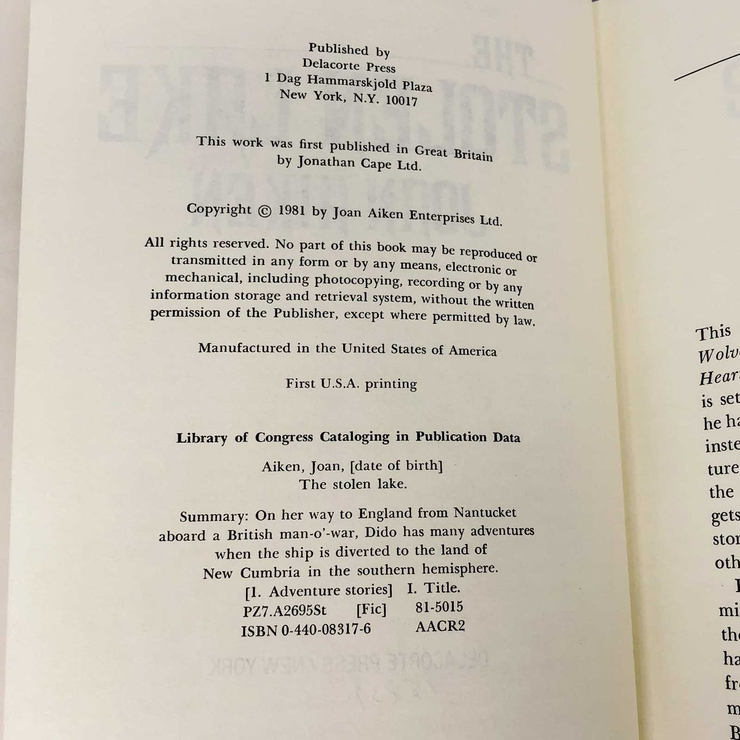 The Stolen Lake by Joan Aiken [1981 HARDCOVER] • Delacorte