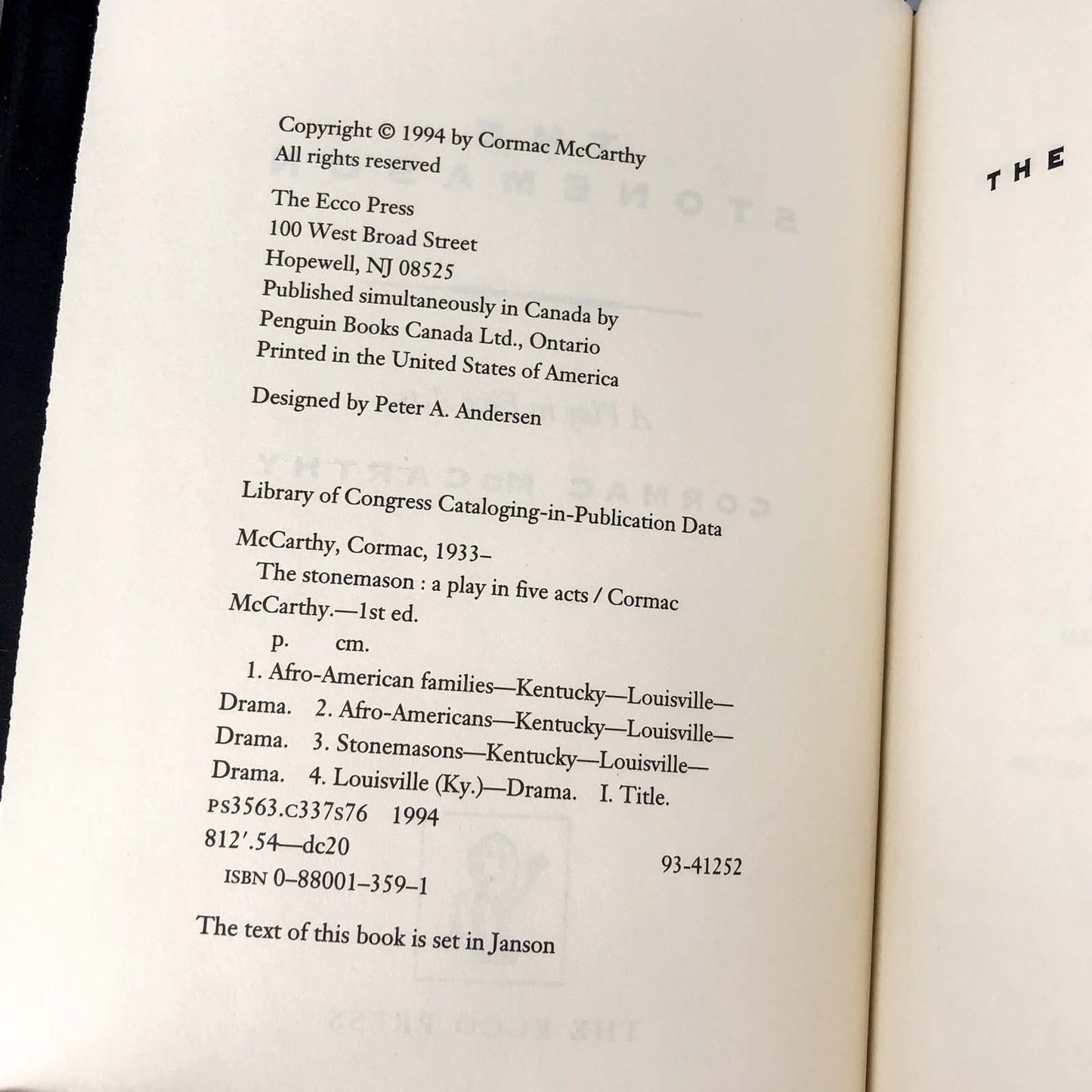 The Stonemason: A Play in Five Acts by Cormac Mccarthy [FIRST EDITION] 1994