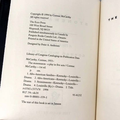 The Stonemason: A Play in Five Acts by Cormac Mccarthy [FIRST EDITION] 1994