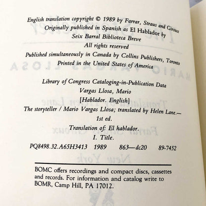 The Storyteller by Mario Vargas Llosa [1989 TRADE PAPERBACK] • Farrar Straus Giroux