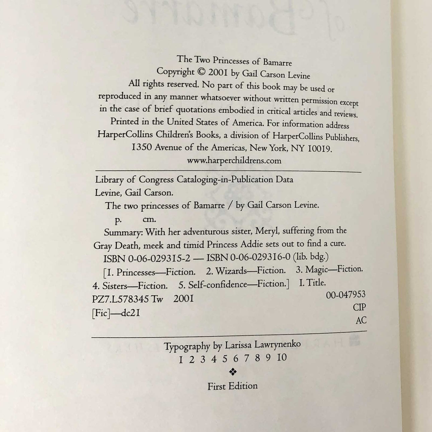 The Two Princesses of Bamarre by Gail Carson Levine [FIRST EDITION • FIRST PRINTING] 2001