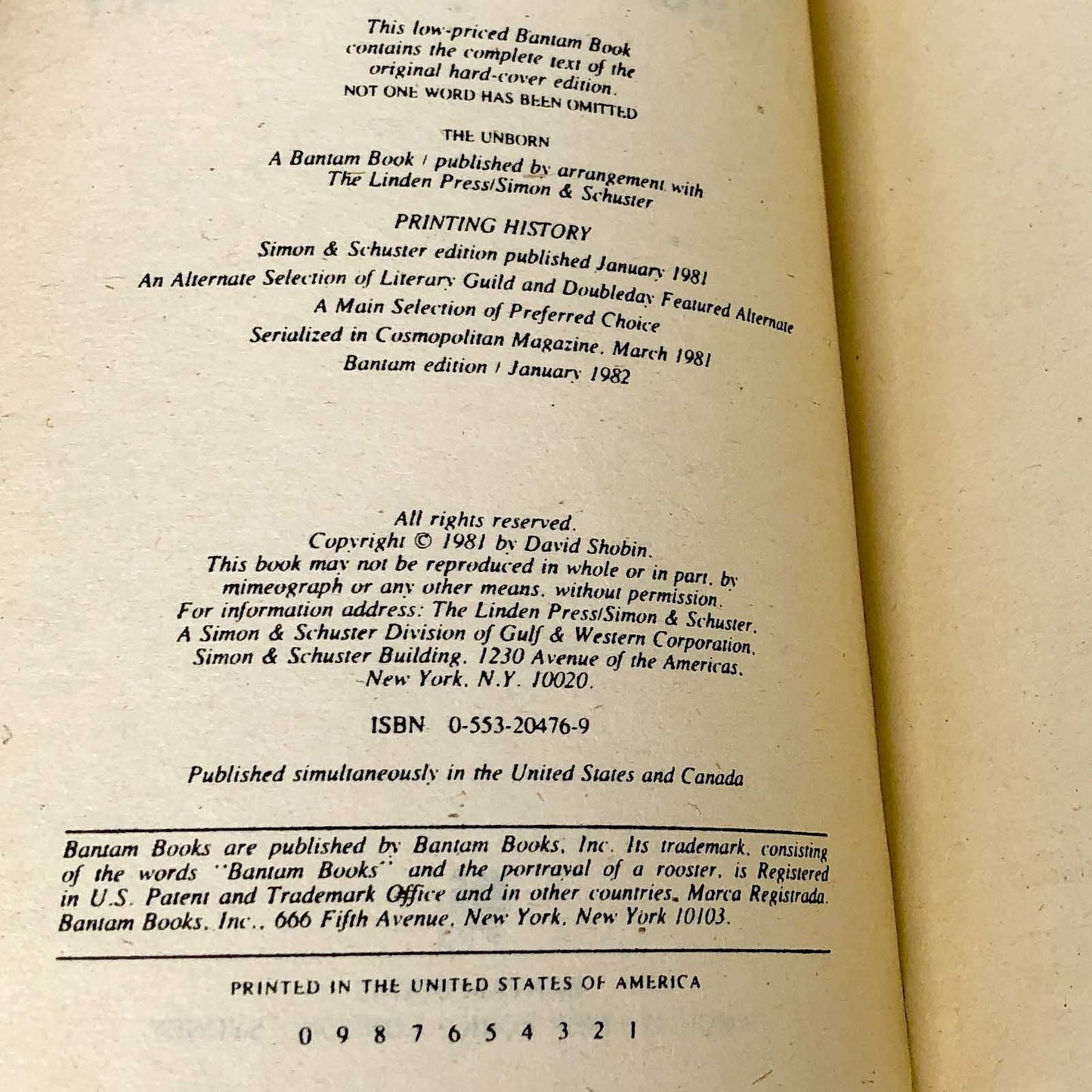 The Unborn by David Shobin [FIRST PAPERBACK PRINTING] 1982