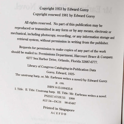 The Unstrung Harp by Edward Gorey [HARDCOVER RE-ISSUE] 1999