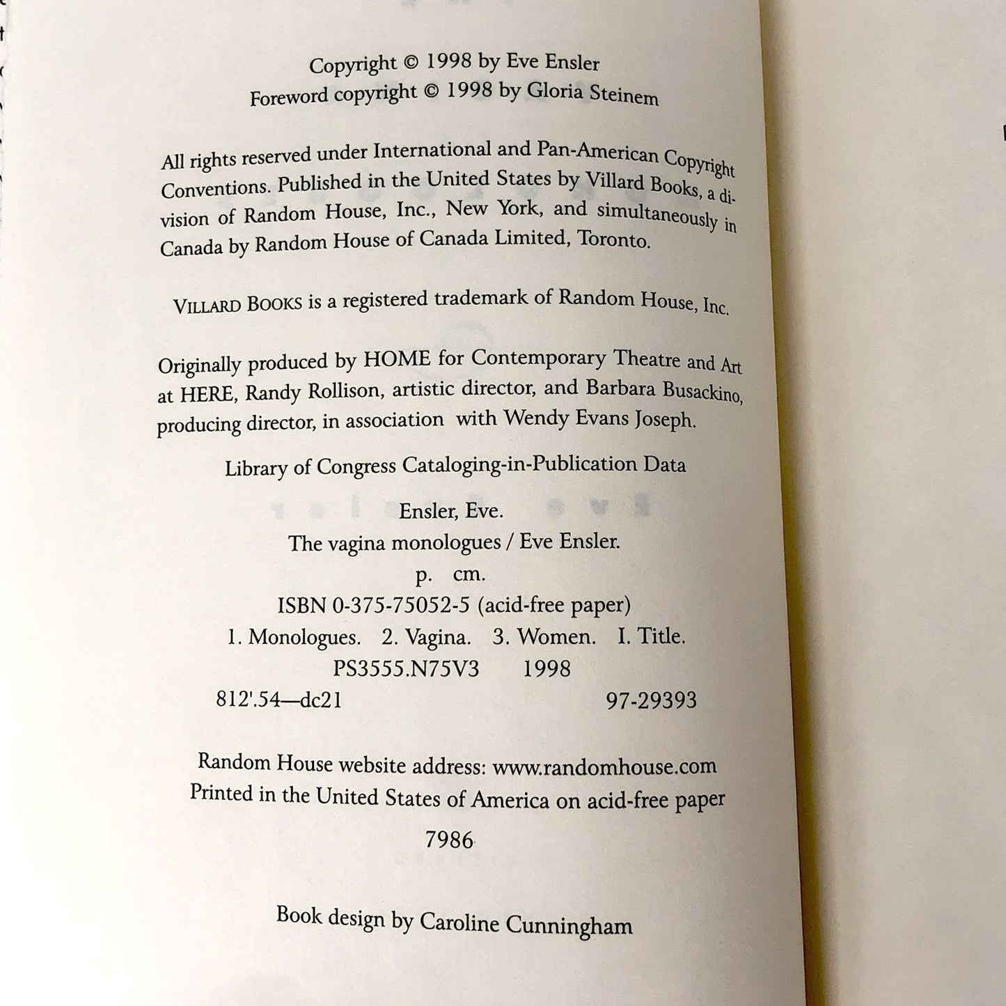 The Vagina Monologues by Eve Ensler SIGNED! [FIRST EDITION] • 1998 • Villard Books