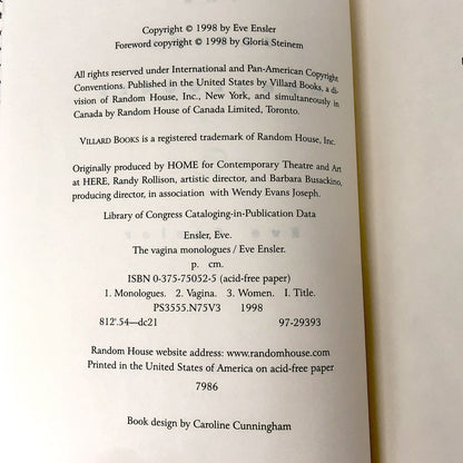 The Vagina Monologues by Eve Ensler SIGNED! [FIRST EDITION] • 1998 • Villard Books