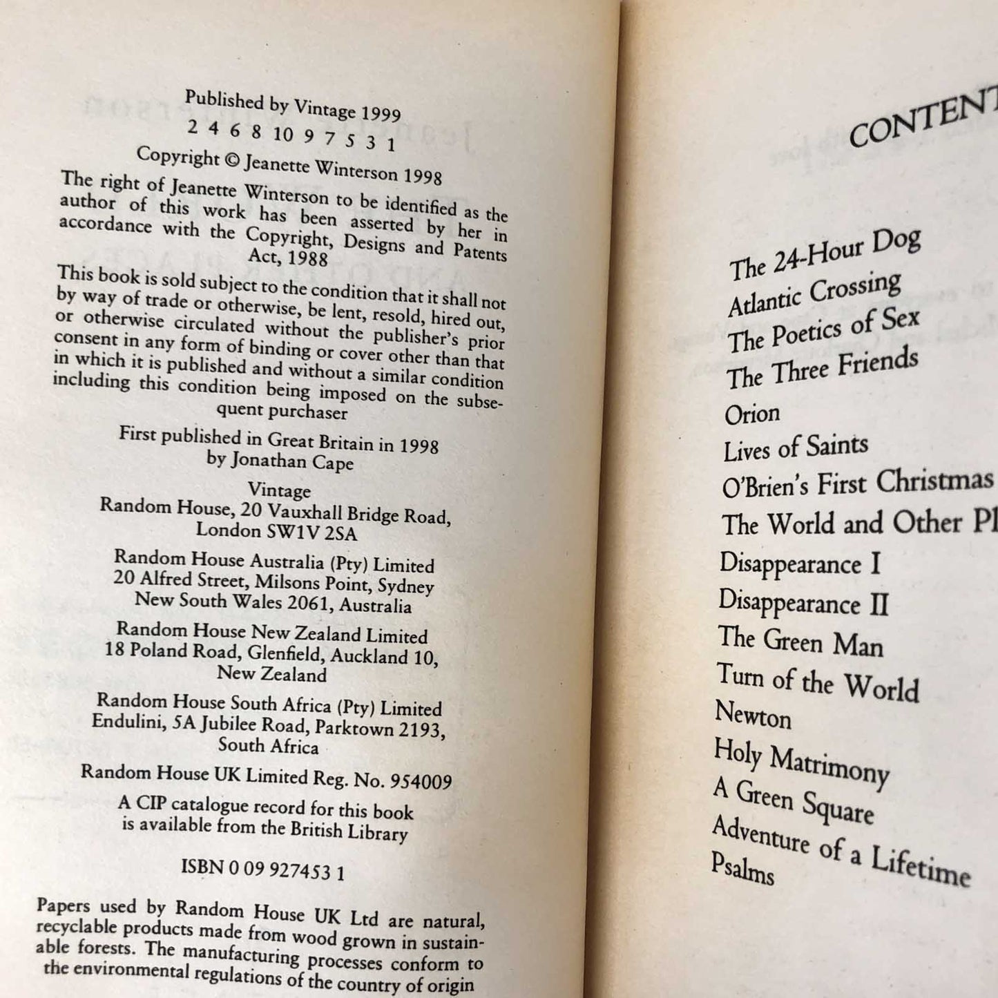 The World and Other Places: Stories by Jeanette Winterson [FIRST U.K. PAPERBACK PRINTING] 1999