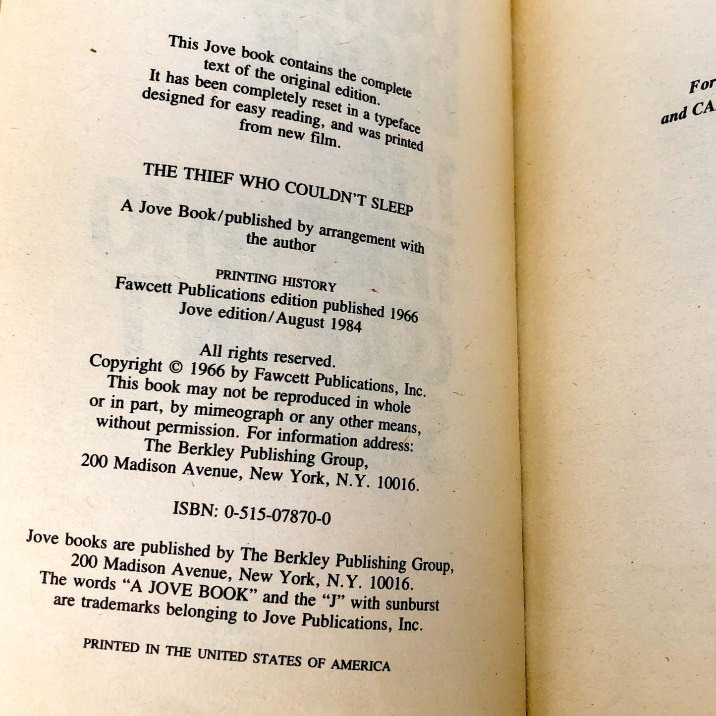 The Thief Who Couldn't Sleep by Lawrence Block [1984 PAPERBACK] Jove