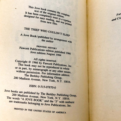 The Thief Who Couldn't Sleep by Lawrence Block [1984 PAPERBACK] Jove