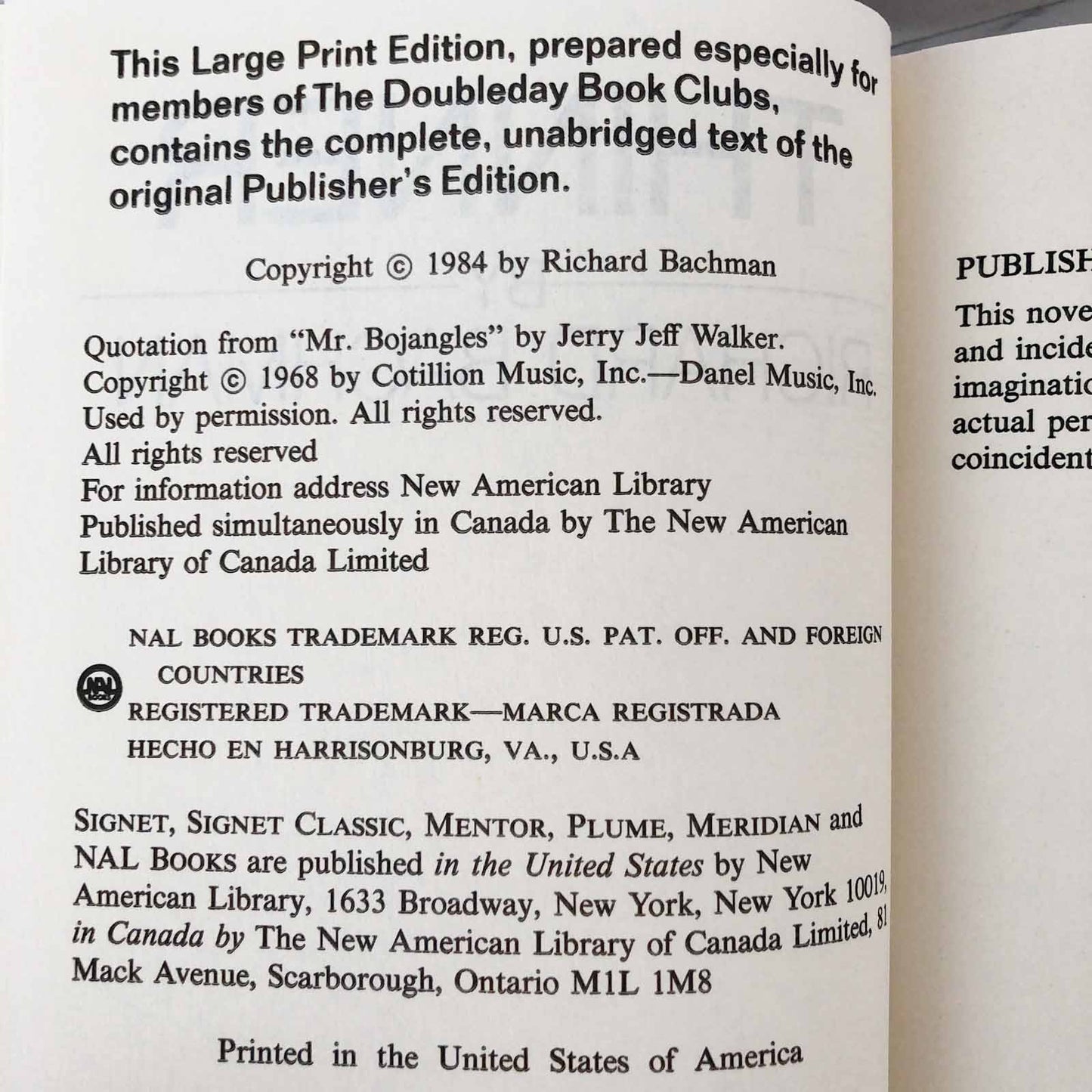 Thinner by Richard Bachman "aka Stephen King" [LARGE PRINT EDITION] 1984