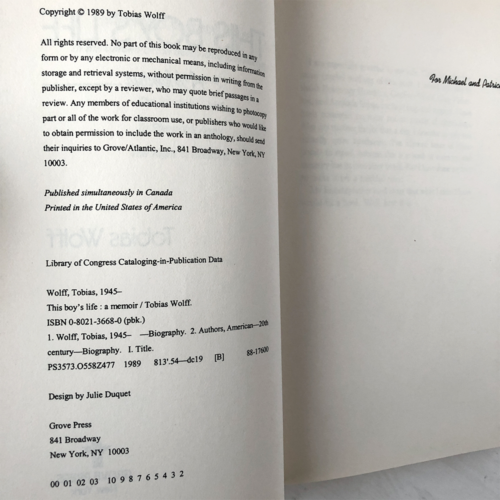 This Boy's Life: A Memoir by Tobias Wolff [TRADE PAPERBACK / 1989]