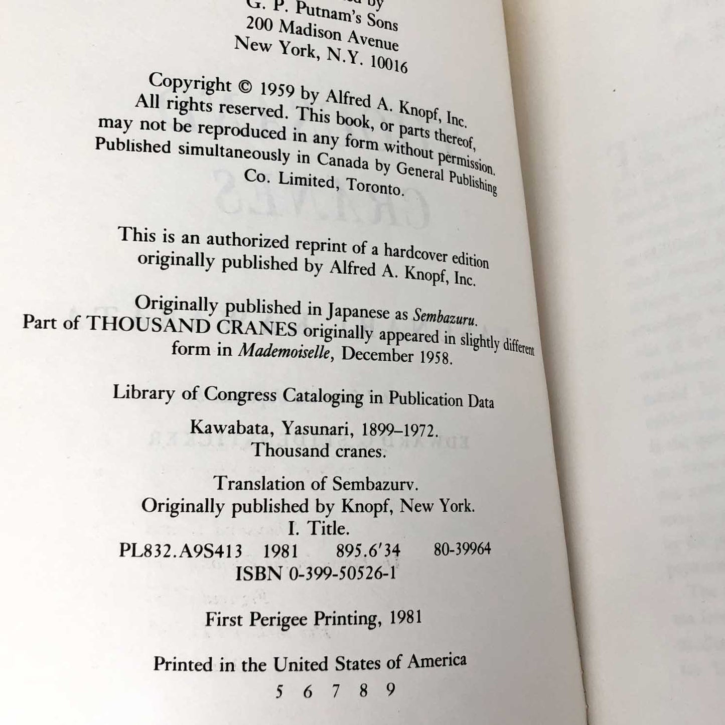 Thousand Cranes by Yasunari Kawabata [1981 TRADE PAPERBACK]