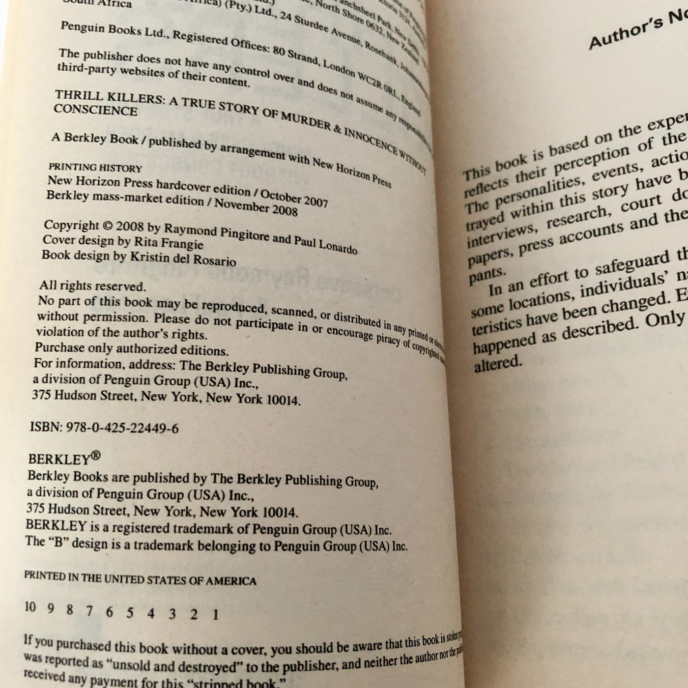 Thrill Killers by Det. Raymond Pingitore & Paul Lonardo [2008 PAPERBACK]