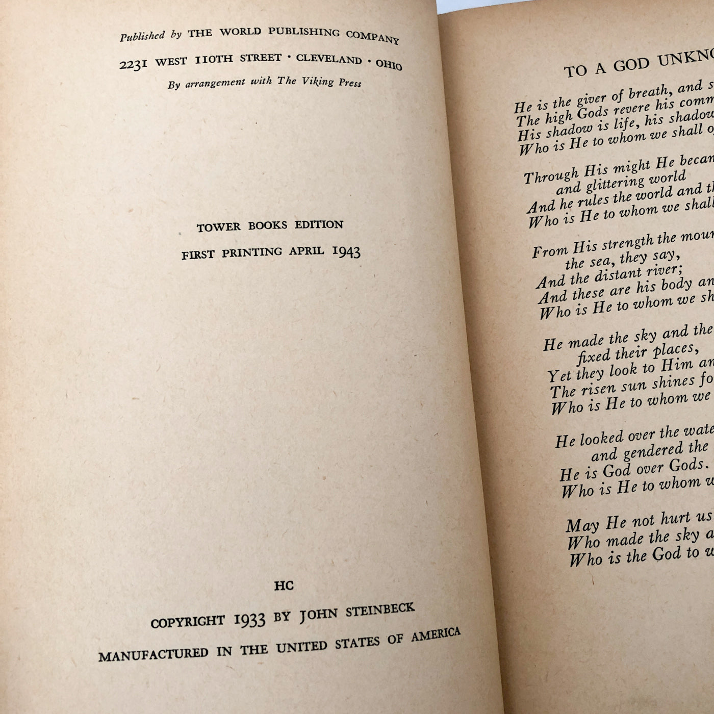 To a God Unknown by John Steinbeck [TOWER FIRST EDITION / 1943]