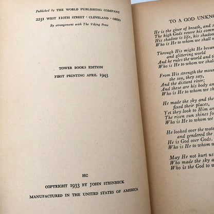 To a God Unknown by John Steinbeck [TOWER FIRST EDITION / 1943]