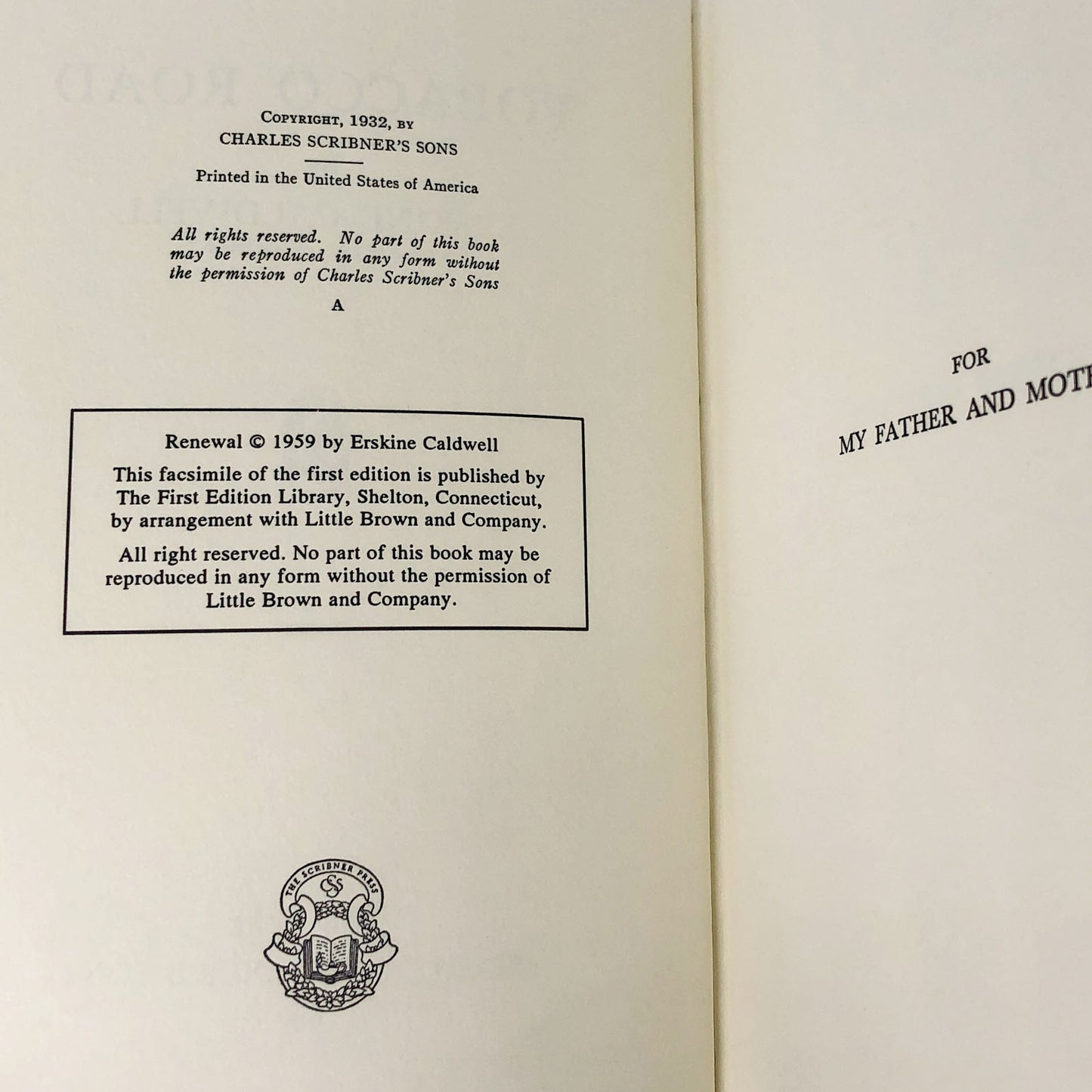 Tobacco Road by Erskine Caldwell [FIRST EDITION FACSIMILE] 1959
