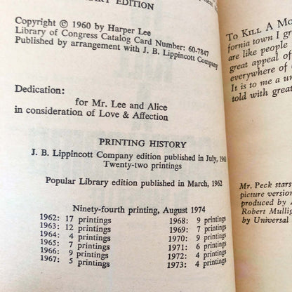 To Kill a Mockingbird by Harper Lee [1974 PAPERBACK]