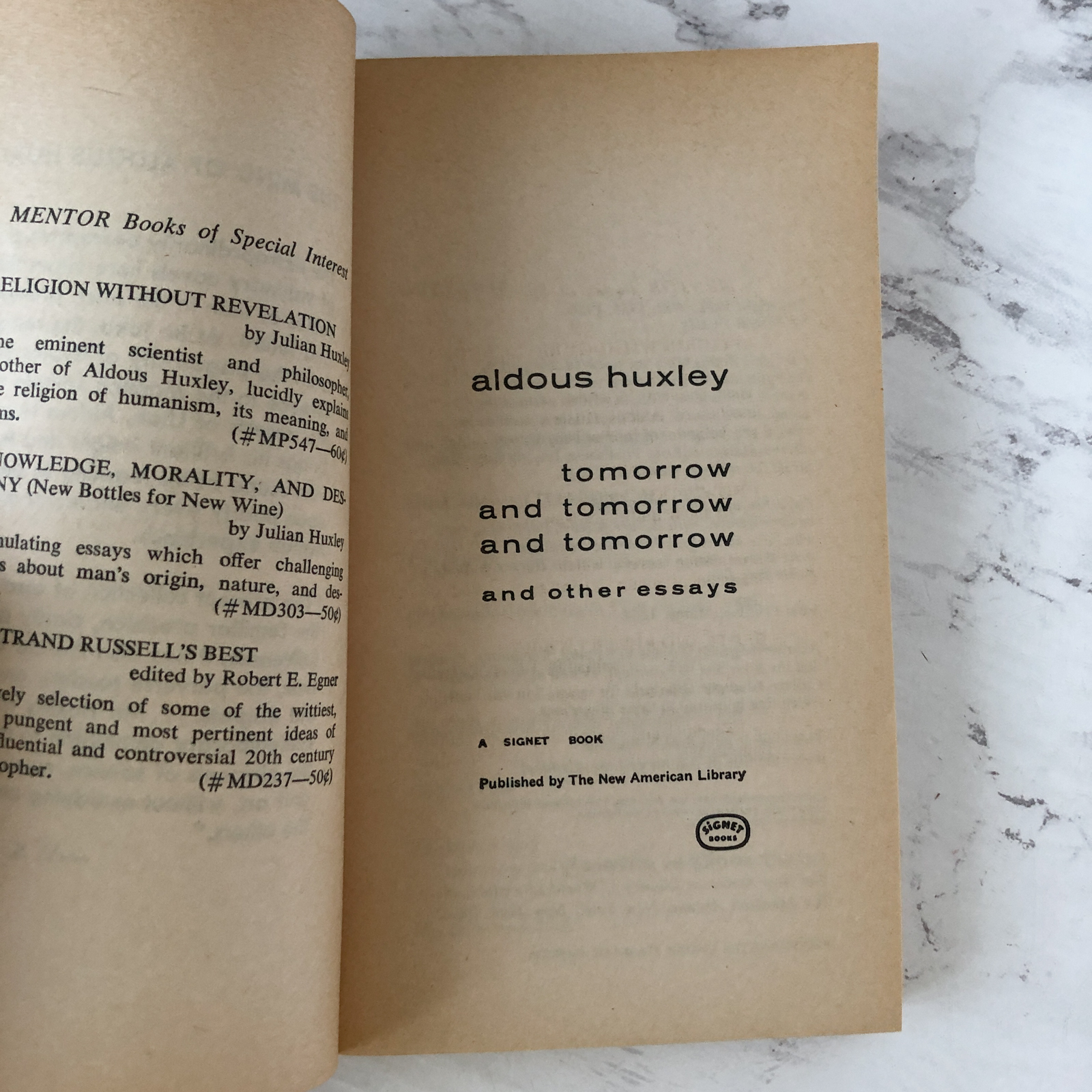 Tomorrow and Tomorrow and Tomorrow & Other Essays by Aldous Huxley [1964 PAPERBACK] - Bookshop Apocalypse