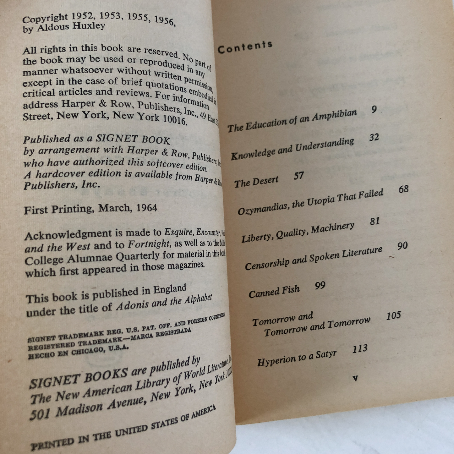 Tomorrow and Tomorrow and Tomorrow & Other Essays by Aldous Huxley [1964 PAPERBACK] - Bookshop Apocalypse