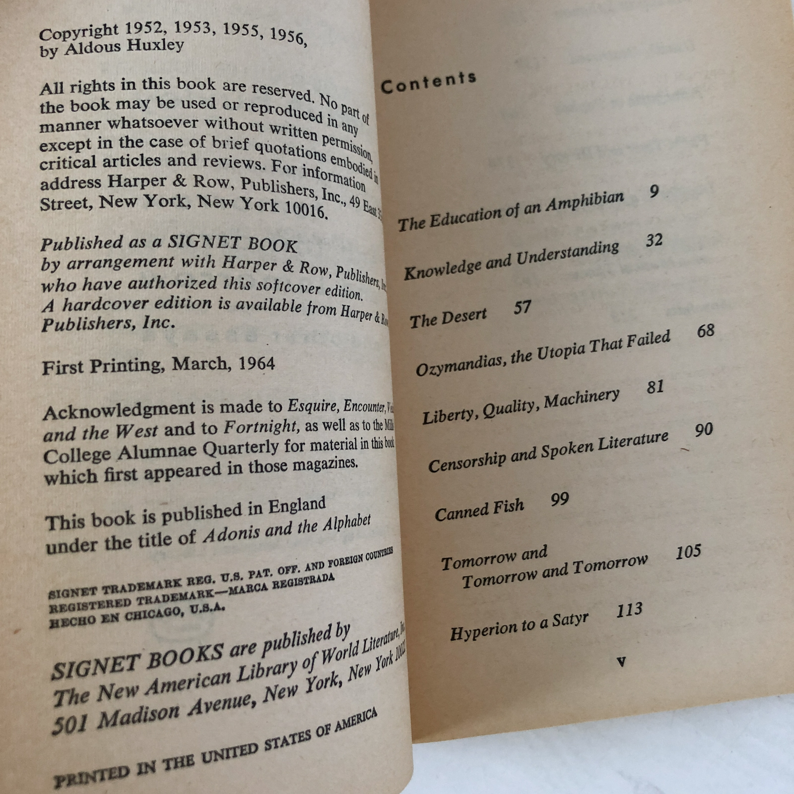 Tomorrow and Tomorrow and Tomorrow & Other Essays by Aldous Huxley [1964 PAPERBACK] - Bookshop Apocalypse