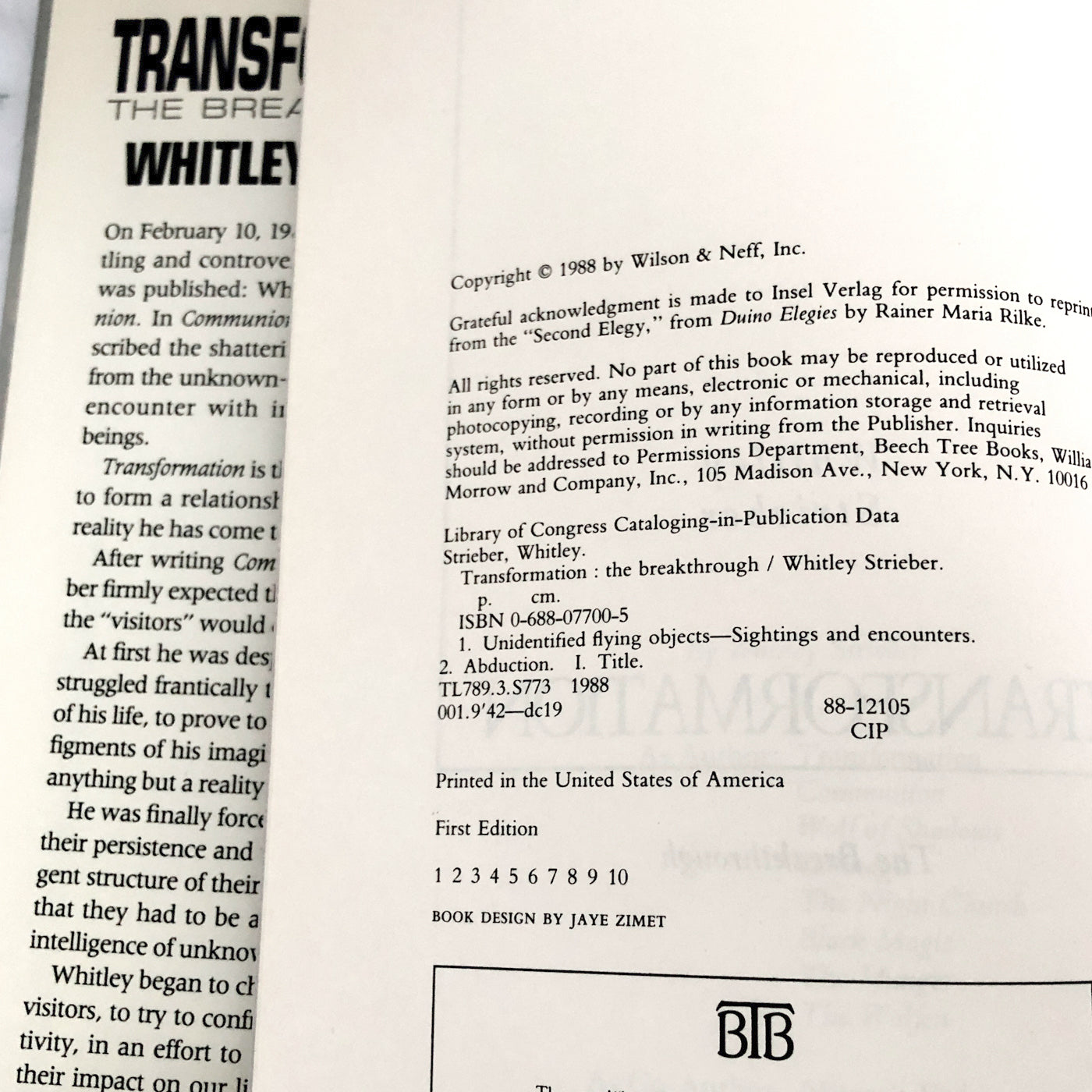 Transformation: The Breakthrough by Whitley Strieber [FIRST EDITION / FIRST PRINTING 1988]