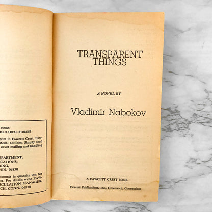 Transparent Things by Vladimir Nabokov [FIRST PAPERBACK PRINTING] 1974