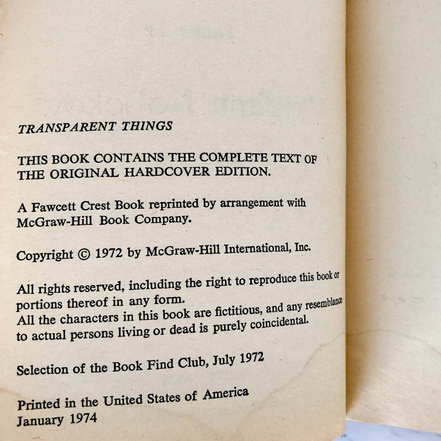 Transparent Things by Vladimir Nabokov [FIRST PAPERBACK PRINTING] 1974