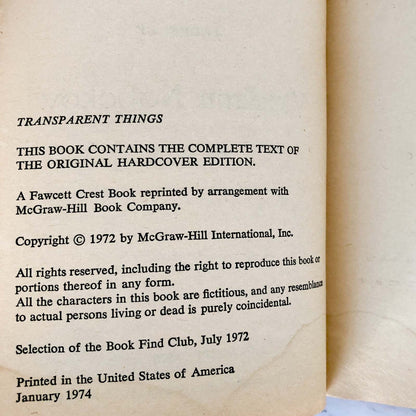 Transparent Things by Vladimir Nabokov [FIRST PAPERBACK PRINTING] 1974