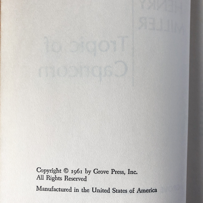 Tropic of Capricorn by Henry Miller [FIRST EDITION / 1961] - Bookshop Apocalypse