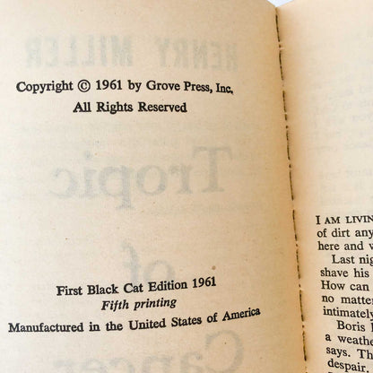 Tropic of Cancer by Henry Miller [FIRST PAPERBACK EDITION] 1961